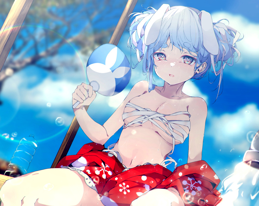 1girl absurdres amadeus_(amadeus0903) animal_ears blue_hair blue_sky bottle breasts brown_eyes cleavage cloud collarbone hair_ornament hand_fan highres holding holding_fan hololive japanese_clothes kimono kimono_pull long_hair looking_at_viewer multicolored_hair navel outdoors parted_lips rabbit_ears rabbit_girl red_kimono sky solo sweat thick_eyebrows two-tone_hair usada_pekora virtual_youtuber water_bottle white_hair