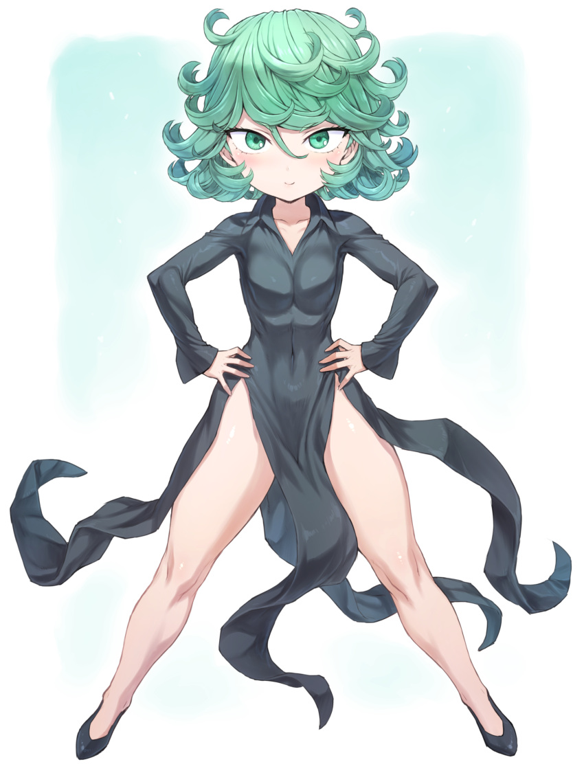 1girl 2024 absurdres aged_down black_dress blush breasts covered_navel curly_hair dress green_eyes green_hair hand_on_own_hip highres legs_apart light_smile looking_at_viewer mogudan navel one-punch_man pelvic_curtain short_hair simple_background small_breasts smile solo solo_focus standing tatsumaki thighs