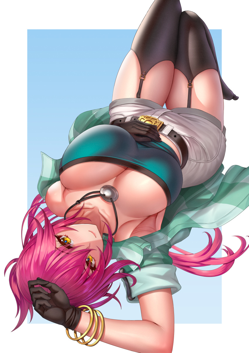 1girl bracelet breasts brick_(atelier_brick) cleavage_cutout clothing_cutout commission denim denim_shorts eiyuu_densetsu english_commentary gloves highres huge_breasts jewelry long_hair looking_at_viewer loose_clothes lying navel no_bra on_back open_clothes open_shirt pink_hair sara_valestein sen_no_kiseki shorts simple_background skeb_commission smile solo thighhighs yellow_eyes