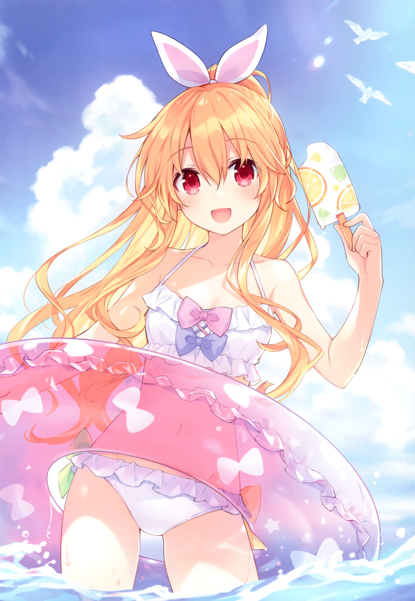 1girl absurdres animal aoi_(tsunako) bare_shoulders bikini bird blonde_hair blue_sky blush breasts cloud cloudy_sky collarbone day fingernails food hair_ornament highres holding holding_food innertube long_hair looking_at_viewer navel open_mouth original outdoors partially_submerged ponytail popsicle red_eyes ribbon scan see-through sky small_breasts smile stomach swim_ring swimsuit tsunako water water_drop white_bikini