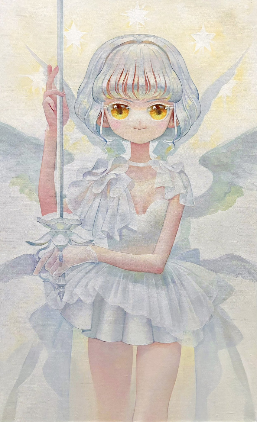 1girl angel angel_wings blush breasts choker dress feathered_wings gloves halo highres holding holding_sword holding_weapon kaede_(shijie_heping) looking_at_viewer multiple_wings oil_painting_(medium) original painting_(medium) see-through_gloves seraph short_dress short_hair single_glove small_breasts smile solo star_(symbol) star_halo straight-on sword traditional_media weapon white_choker white_dress white_hair white_wings wings yellow_eyes