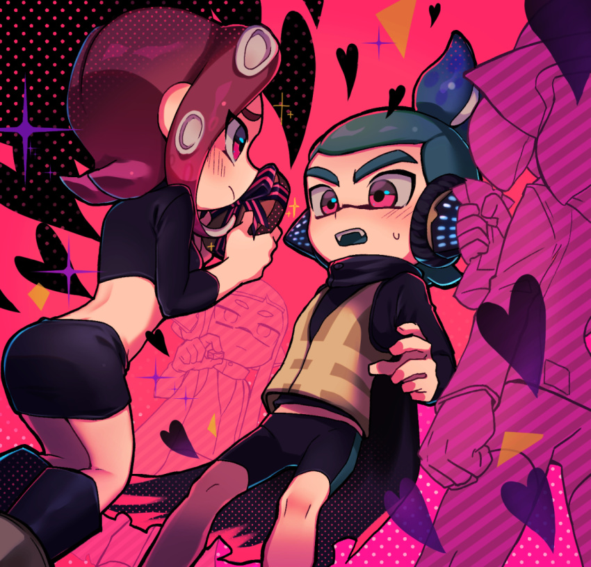 1boy 1girl 2others agent_3_(splatoon) agent_8_(splatoon) bike_shorts black_footwear black_skirt blue_hair boots box clenched_hand closed_mouth commentary crop_top headphones heart heart-shaped_box holding holding_box inkling inkling_boy inkling_player_character leather_skirt medium_hair miyashiro multiple_others octoling octoling_girl octoling_player_character open_mouth pencil_skirt pink_background red_eyes red_hair skirt sparkle splatoon_(series) sweat teeth tentacle_hair thick_eyebrows upper_teeth_only valentine