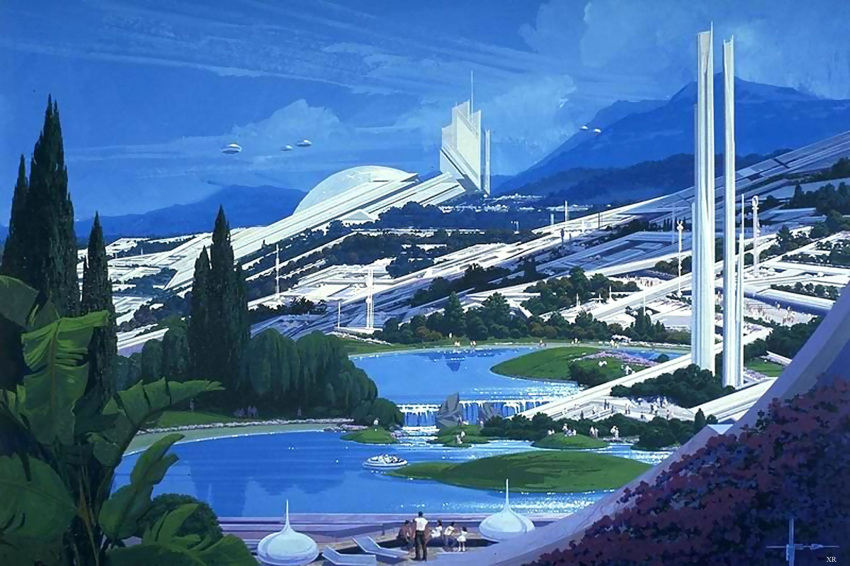 building cityscape cloud concept_art highres lake mountainous_horizon scenery science_fiction signature sky syd_mead third-party_source traditional_media tree yamato2520