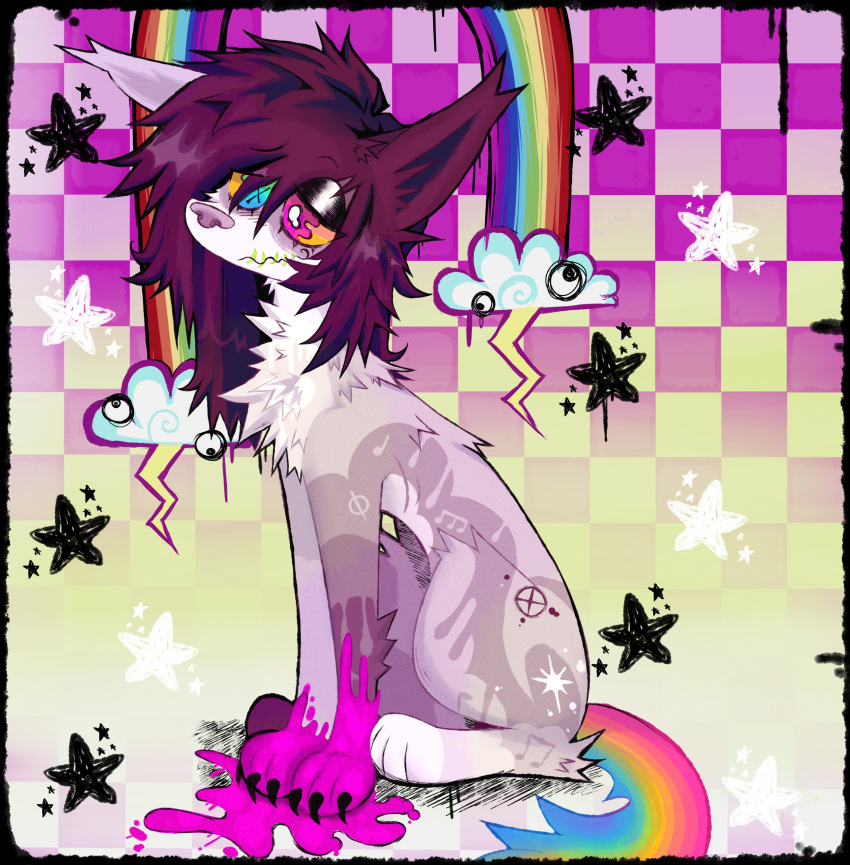 absurd_res alternative_fashion ambiguous_gender black_border border canid emo feral hi_res mammal rainbow scene_(fashion) sitting solo sparkledog spitthesauce