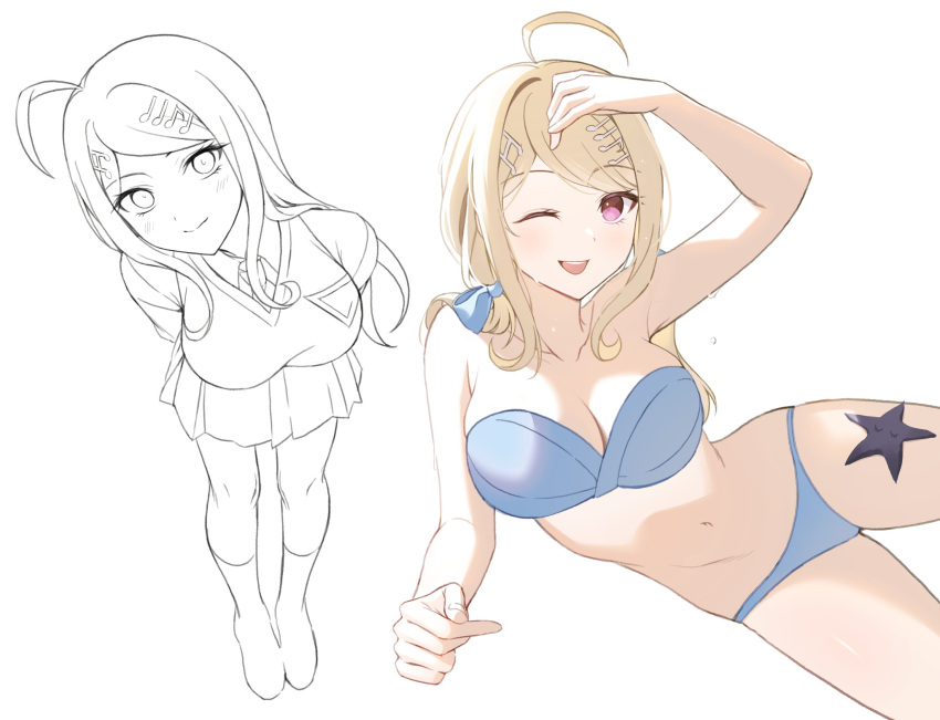 1girl ;d ahoge akamatsu_kaede bare_arms bare_shoulders bikini blue_bikini blush bow breasts cleavage danganronpa_(series) danganronpa_v3:_killing_harmony foreshortening hair_bow hair_ornament highres keke_(xfxyuio) korean_commentary large_breasts long_hair long_sleeves lying miniskirt multiple_views musical_note musical_note_hair_ornament navel on_side one_eye_closed pink_eyes simple_background skirt smile starfish sweater_vest swimsuit teeth upper_teeth_only white_background