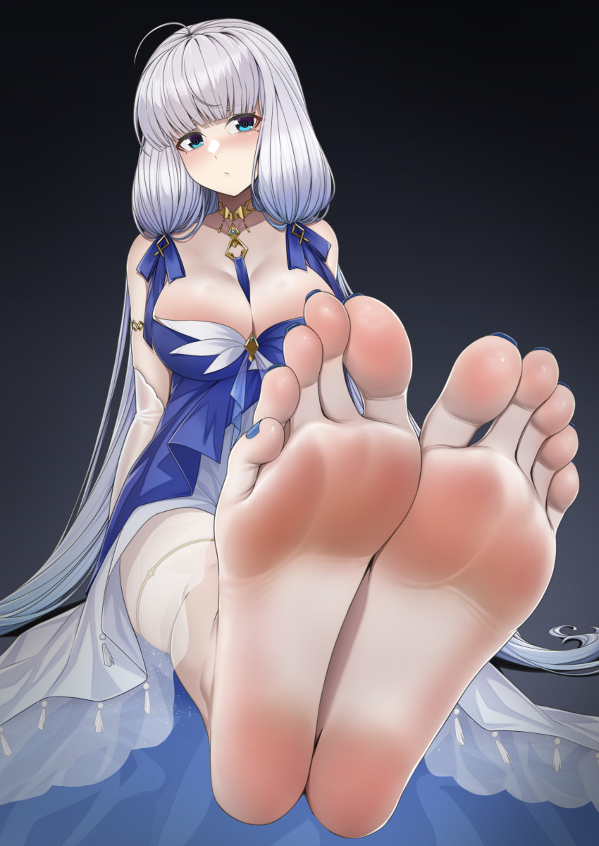 1girl absurdres ahoge aqua_eyes azur_lane bare_shoulders barefoot between_breasts blue_dress blue_nails blunt_bangs breasts cleavage closed_mouth commission dress eyelashes feet foot_focus foreshortening full_body greek_toe grey_background grey_hair highres illustrious_(azur_lane) jewelry large_breasts long_hair looking_at_viewer nail_polish pixiv_commission soles solo toenail_polish toenails toes tsa very_long_hair white_dress