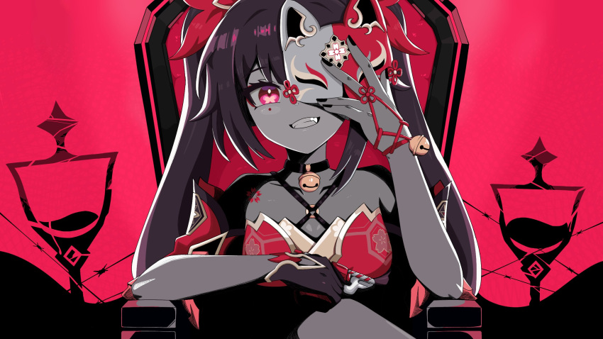 1girl :d bare_shoulders black_nails brown_hair collarbone criss-cross_halter fox_mask gribberoni grin gun halterneck head_tilt highres holding holding_gun holding_mask holding_weapon honkai:_star_rail honkai_(series) king_(vocaloid) long_hair looking_at_viewer mask nail_polish o-ring open_mouth pink_eyes revolver sidelocks sitting smile snubnosed_revolver solo sparkle_(honkai:_star_rail) straight-on teeth throne twintails vocaloid weapon