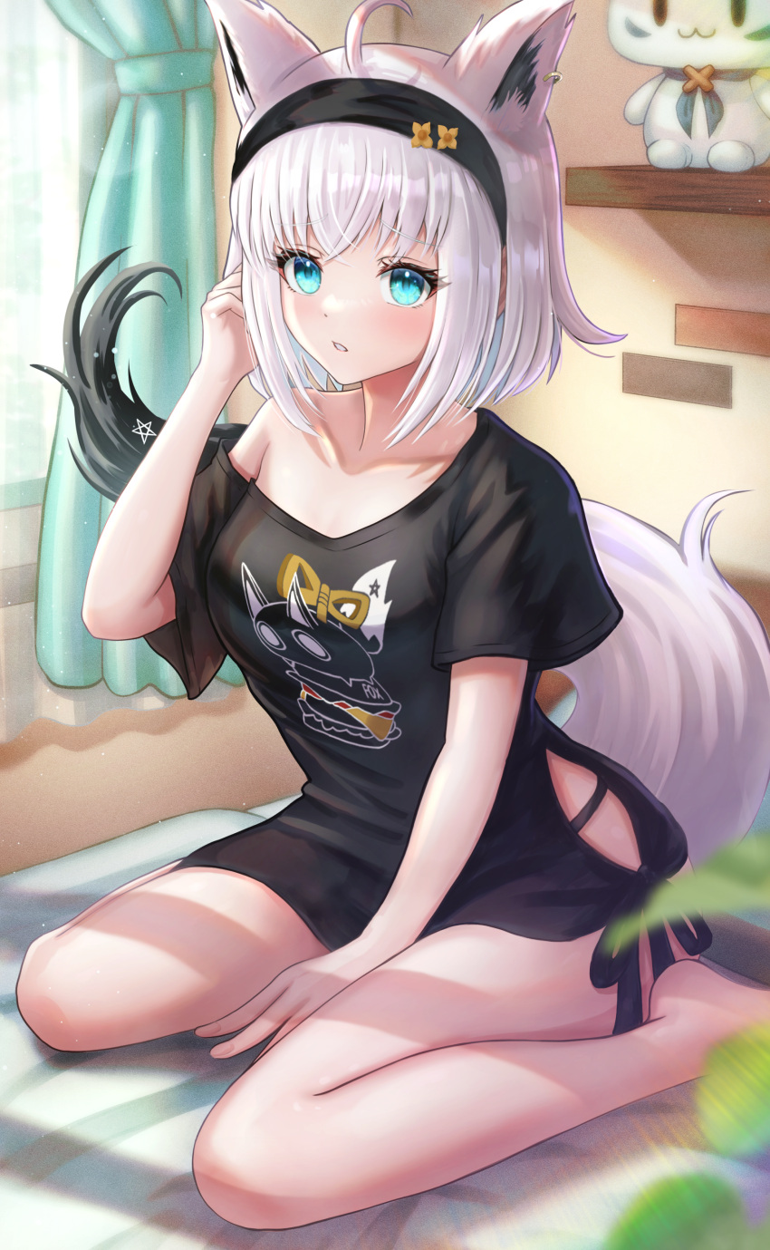 1girl absurdres adjusting_hair ahoge animal_ear_fluff animal_ears bare_legs black_hairband black_panties black_shirt blush braid commentary_request earrings extra_ears fox_ears fox_girl fox_tail green_eyes hair_between_eyes hairband highres hololive indoors jewelry long_hair looking_at_viewer on_bed panties pentagram shirakami_fubuki shirakami_fubuki_(7th_costume) shirt sidelocks sitting solo tail underwear virtual_youtuber wajuniorbox wariza white_hair