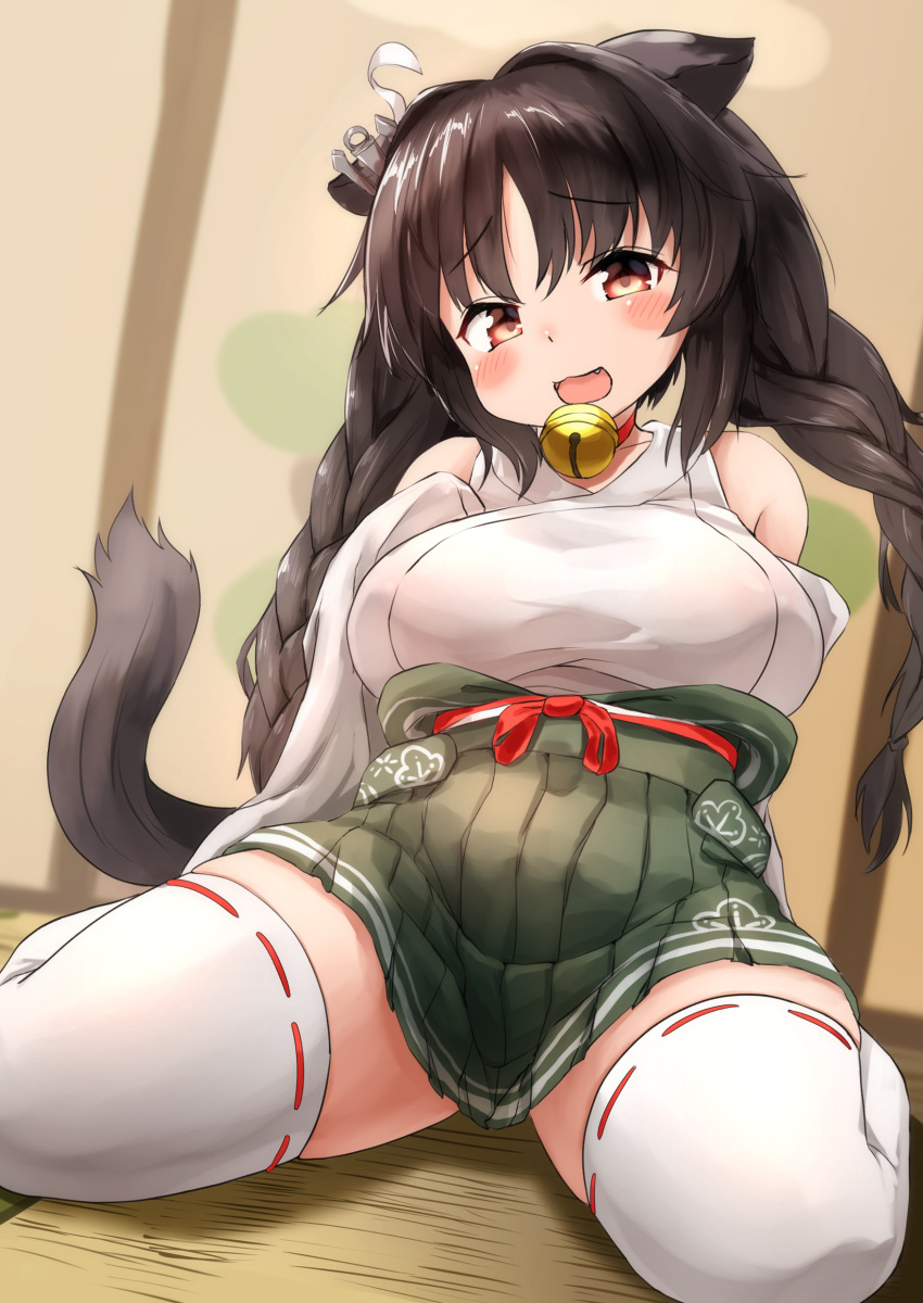 1girl :d absurdres anchor_hair_ornament animal_ears azur_lane bangs bare_shoulders bell bell_choker black_hair blurry blurry_background blush braid breasts brown_eyes choker commentary_request depth_of_field detached_sleeves eyebrows_visible_through_hair fang green_skirt hair_intakes hair_ornament highres japanese_clothes jingle_bell kimono kyabe_tsuka large_breasts long_hair long_sleeves looking_at_viewer on_floor ooshio_(azur_lane) open_mouth pleated_skirt red_choker ribbon-trimmed_legwear ribbon_trim sitting skirt sleeveless sleeveless_kimono sleeves_past_fingers sleeves_past_wrists smile solo tail thighhighs thighs twin_braids twintails very_long_hair wariza white_kimono white_legwear white_sleeves