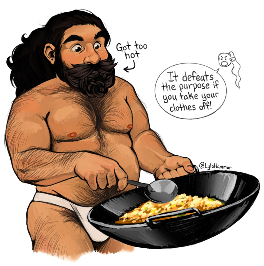 1boy 1girl arrow_(projectile) back_hair bara beard belly blush braid braided_beard briefs brown_hair bulge cooking cropped_legs dark-skinned_male dark_skin doodle_inset dungeon_meshi dwarf english_text facial_hair fake_horns hairy helmet highres horned_helmet horns knuckle_hair long_beard lylahammar male_focus male_pubic_hair male_underwear marcille_donato muscular muscular_male nipple_hair nipples pectorals plump pubic_hair pubic_hair_peek senshi_(dungeon_meshi) solo standing stomach thick_arm_hair thick_chest_hair thick_leg_hair thick_mustache thick_navel_hair thighs tied_beard topless_male underwear very_hairy very_long_beard wok