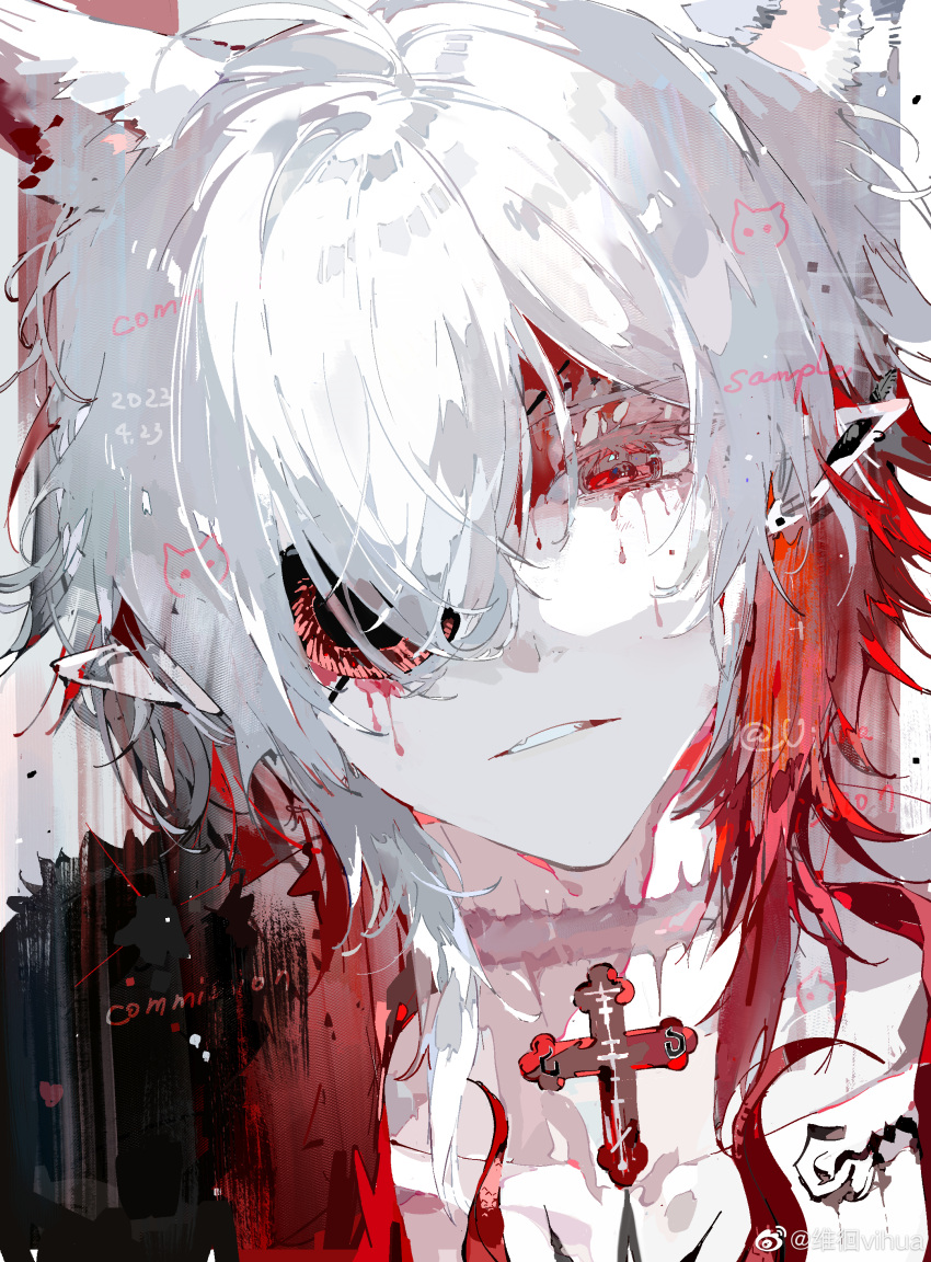 1boy absurdres animal_ear_fluff animal_ears bishounen black_jacket blood blood_drip blood_on_face check_copyright chinese_commentary choker collarbone colored_eyelashes commentary_request commission copyright_request cross cross_choker dated ear_piercing eyepatch fangs fur-trimmed_jacket fur_trim grey_background highres jacket light_frown male_focus open_clothes open_jacket original pale_skin parted_lips piercing pointy_ears portrait red_eyes sample_watermark shirt simple_background solo vihua6 watermark weibo_logo weibo_username white_shirt wolf_ears