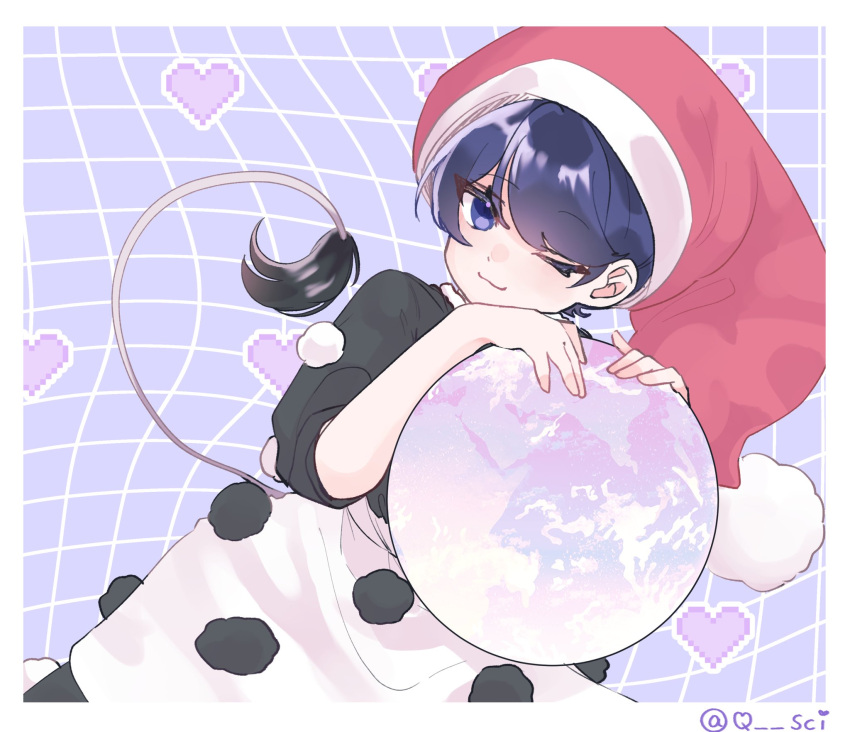 1girl :3 blue_background blue_eyes blue_hair border closed_mouth doremy_sweet dress grid_background hat heart heart_background highres leaning_on_object looking_at_viewer nightcap one-hour_drawing_challenge one_eye_closed orb pom_pom_(clothes) red_headwear short_hair short_sleeves smile solo tail tail_raised tapir_tail touhou twitter_username white_border yoshino_(q_sci)