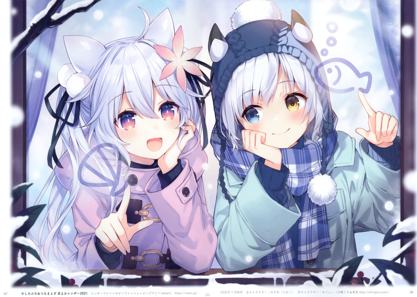 2girls absurdres ahoge blue_eyes blush branch brown_eyes buttons closed_mouth coat hair_ornament hand_on_own_face hand_up heterochromia highres looking_to_the_side multiple_girls open_mouth original page_number pom_pom_(clothes) purple_eyes scan scarf smile snow snowing tsunako twintails upper_body white_hair window winter_clothes winter_coat