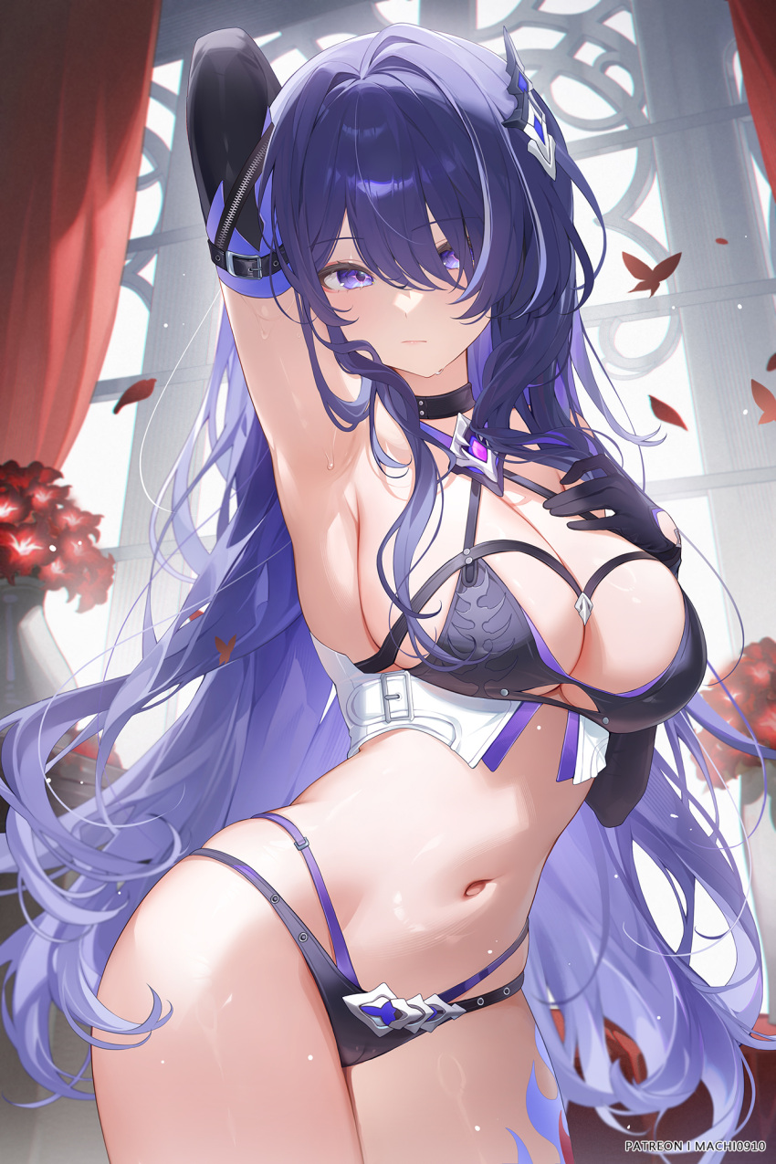 1girl acheron_(honkai:_star_rail) arm_behind_head arm_up armpits bare_shoulders black_bra black_gloves blue_eyes blue_hair bra breasts cleavage closed_mouth commentary_request cowboy_shot crop_top curtains elbow_gloves flower gem gloves hair_between_eyes hair_ornament hand_on_own_chest highres honkai:_star_rail honkai_(series) indoors large_breasts leg_tattoo light_particles long_hair machi_(7769) navel panties patreon_username presenting_armpit purple_gemstone purple_panties red_flower shiny_skin solo stomach sweat swimsuit tattoo underbust underwear very_long_hair