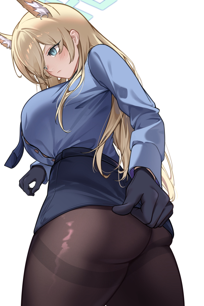 1girl absurdres animal_ear_fluff animal_ears ass black_gloves black_pantyhose black_skirt blonde_hair blue_archive blue_eyes blue_halo blue_shirt blush breasts closed_mouth collared_shirt cowboy_shot extra_ears gloves halo highres kanna_(blue_archive) large_breasts long_hair long_sleeves pantyhose samgong shirt simple_background skirt solo white_background
