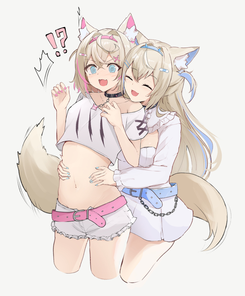 !? 2girls @_@ ^_^ animal_ear_fluff animal_ears belt blonde_hair blue_belt blue_eyes blue_hairband blue_nails breasts chain cleavage_cutout closed_eyes clothing_cutout collar cropped_legs crossed_bangs dog_ears dog_girl dog_tail dress fang frilled_shorts frills fuwawa_abyssgard fuwawa_abyssgard_(1st_costume) grey_background hair_between_eyes hair_ornament hairband hairclip hands_on_another's_stomach highres hololive hololive_english large_breasts long_hair long_sleeves medium_hair midriff mococo_abyssgard mococo_abyssgard_(1st_costume) multicolored_hair multiple_girls navel no_jacket off-shoulder_shirt off_shoulder open_mouth pink_belt pink_hairband pink_nails shirt short_shorts short_sleeves shorts shuuzo3 siblings simple_background sisters skin_fang small_breasts smile streaked_hair surprised tail twins two_side_up virtual_youtuber white_dress white_shirt white_shorts x_hair_ornament