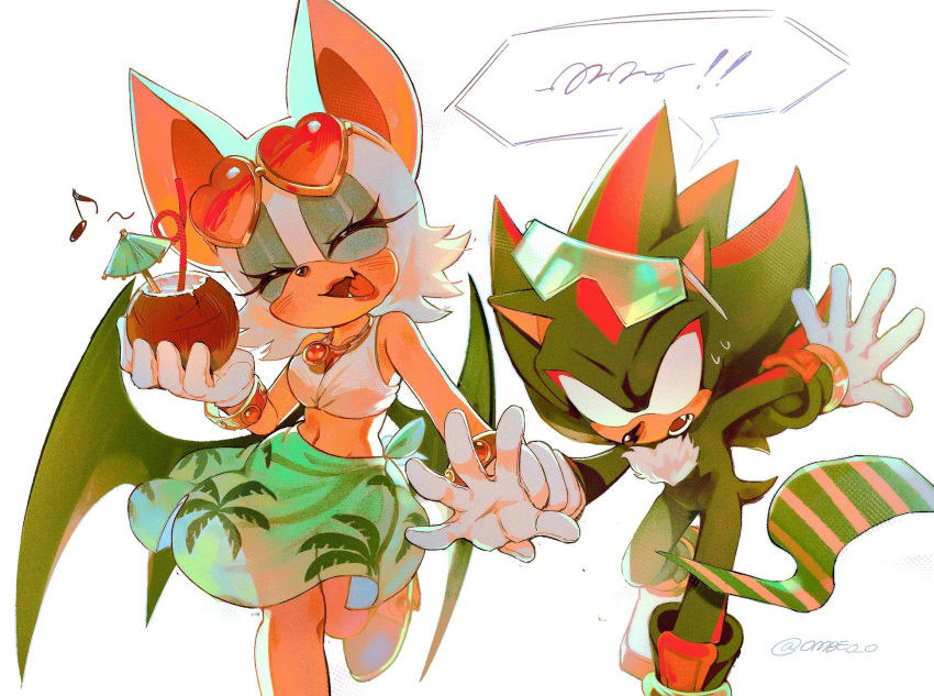 1boy 1girl :d alternate_costume animal_ears bat_ears bat_girl bat_wings blank_eyes closed_eyes coconut commentary eyelashes eyewear_on_head food fruit furry furry_female furry_male gloves highres holding holding_food holding_fruit holding_hands musical_note navel ombeo_o open_mouth red_lips rouge_the_bat shadow_the_hedgehog simple_background smile sonic_(series) speech_bubble sunglasses symbol-only_commentary tongue tongue_out white_background white_gloves wings