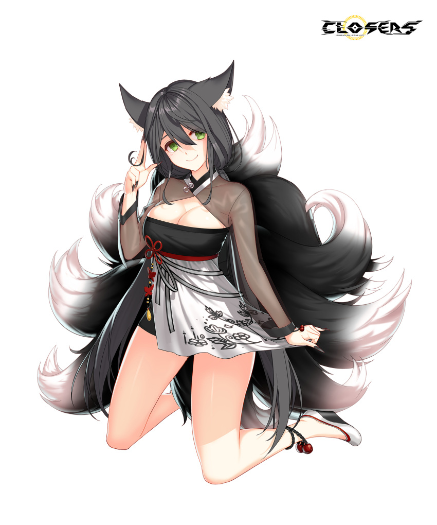 1girl alternate_hair_color animal_ear_fluff animal_ears ankle_bell black_dress black_footwear black_hair black_sleeves black_tail breasts cleavage cleavage_cutout closed_mouth closers clothing_cutout copyright_name dress dress_tug fingernails fox_ears fox_girl fox_tail full_body green_eyes hand_up high_heels highres kitsune kneeling kyuubi large_breasts layered_dress logo long_fingernails long_hair long_sleeves looking_at_viewer low_twintails multiple_tails official_art salute see-through see-through_sleeves smile solo soma_(closers) tachi-e tail twintails two-finger_salute two-tone_dress wedge_heels white_background white_dress