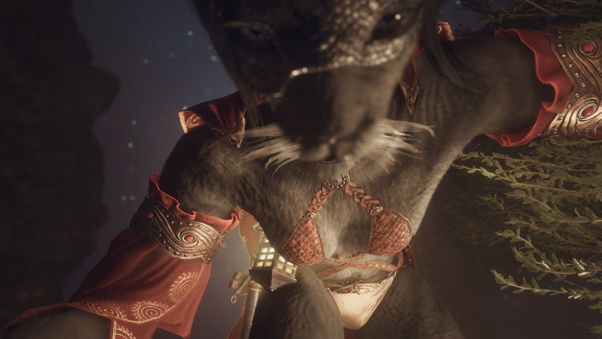 16:9 above anthro beastren breasts capcom clothed clothing dominant dominant_female dragon's_dogma duo felid feline female fgfgfgec first_person_view hi_res humanoid looking_at_viewer mammal pinned pinned_to_ground widescreen