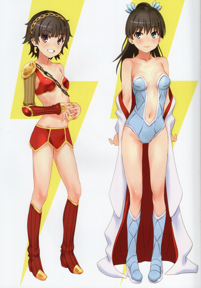 2girls absurdres armor bare_shoulders benten_(urusei_yatsura) benten_(urusei_yatsura)_(cosplay) black_hair blue_eyes blush boots breasts brown_eyes brown_hair chain closed_mouth collarbone cosplay earrings full_body hair_ornament highres jewelry knee_boots leotard lightning_bolt_symbol lips long_hair looking_at_viewer medium_breasts midriff miniskirt multiple_girls navel off_shoulder oyuki_(urusei_yatsura) oyuki_(urusei_yatsura)_(cosplay) parted_lips ponytail raika9 saten_ruiko scan shiny_skin short_hair shoulder_armor simple_background skirt small_breasts smile standing stomach thighs toaru_kagaku_no_railgun toaru_majutsu_no_index uiharu_kazari urusei_yatsura