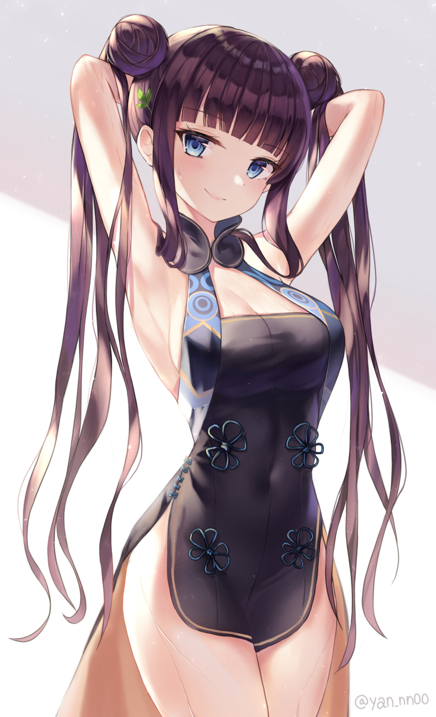 1girl absurdres armpits arms_behind_head arms_up bare_arms bare_shoulders black_dress blue_eyes breasts china_dress chinese_clothes cleavage cowboy_shot double_bun dress fate/grand_order fate_(series) hair_ornament highres long_hair looking_at_viewer medium_breasts meliyannn pelvic_curtain purple_hair side_slit sidelocks sleeveless sleeveless_dress smile solo standing thighs twintails twitter_username very_long_hair wet yang_guifei_(fate/grand_order)