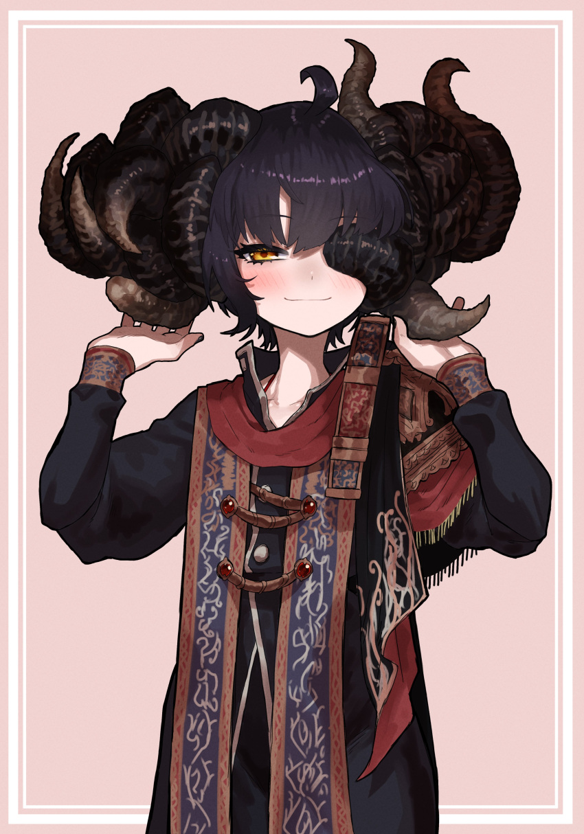 1girl absurdres ahoge arms_up asymmetrical_horns black_hair black_shirt blush border collarbone dot_nose ekrea_jan elden_ring genderswap genderswap_(mtf) highres holding_own_horn horns long_sleeves looking_at_viewer medium_hair missing_eye mohg_lord_of_blood monster_girl multiple_horns orange_eyes ornate_clothes pink_background shirt smile solo stole uneven_horns