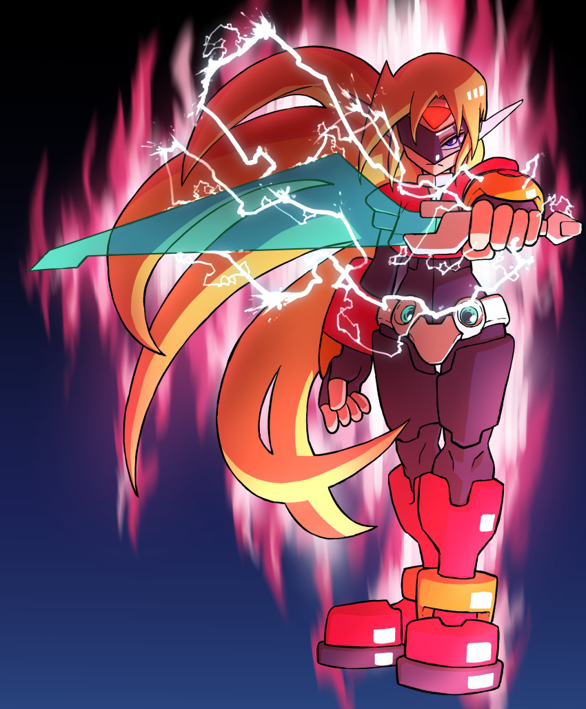 1boy absurdres android armor aura bakarott black_background blonde_hair blue_background blue_eyes boots commission dark_background electricity energy_sword facial_mark forehead_mark girouette_(mega_man) glowing gradient_background highres holding holding_sword holding_weapon long_hair looking_at_crotch mega_man_(series) mega_man_zx model_z_(mega_man) outstretched_arm power_armor red_armor red_footwear robot_ears second-party_source solo standing sunglasses sword very_long_hair weapon