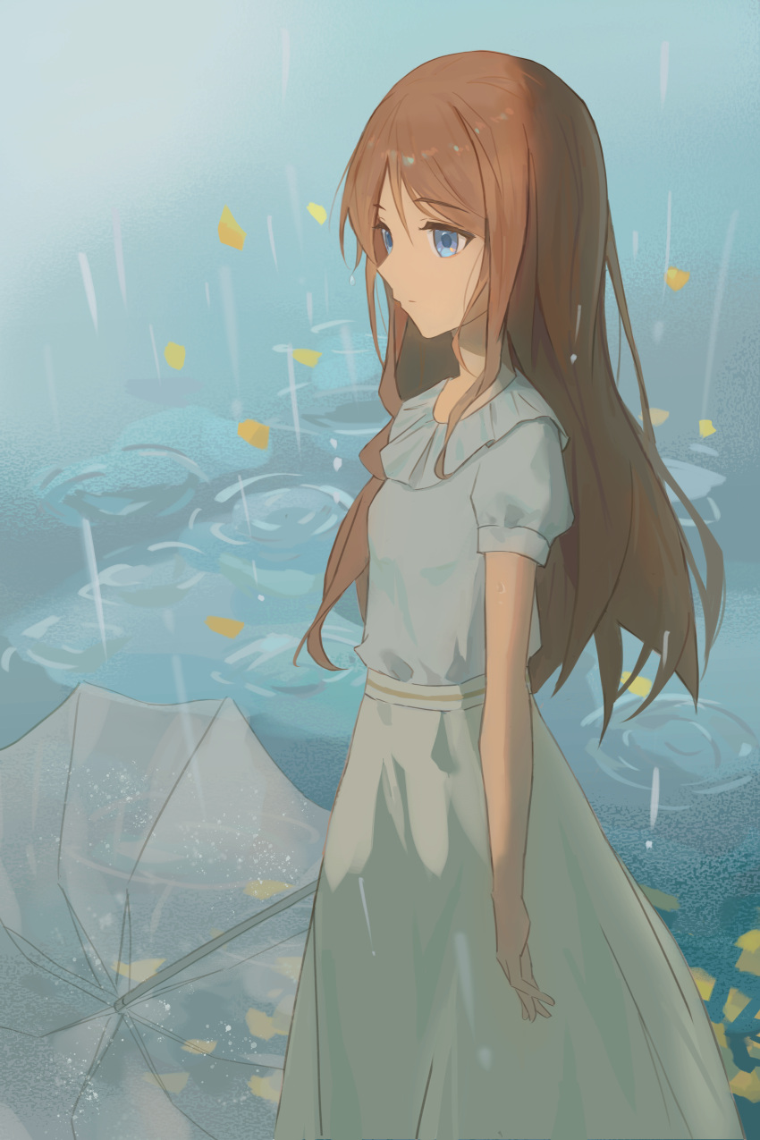 1girl absurdres bang_dream! bang_dream!_it's_mygo!!!!! blue_eyes blue_shirt brown_hair commentary falling_petals ginkgo_leaf grey_skirt highres hu_pi_xuan_jiao leaf long_hair nagasaki_soyo outdoors petals rain shirt short_sleeves skirt solo transparent transparent_umbrella umbrella water