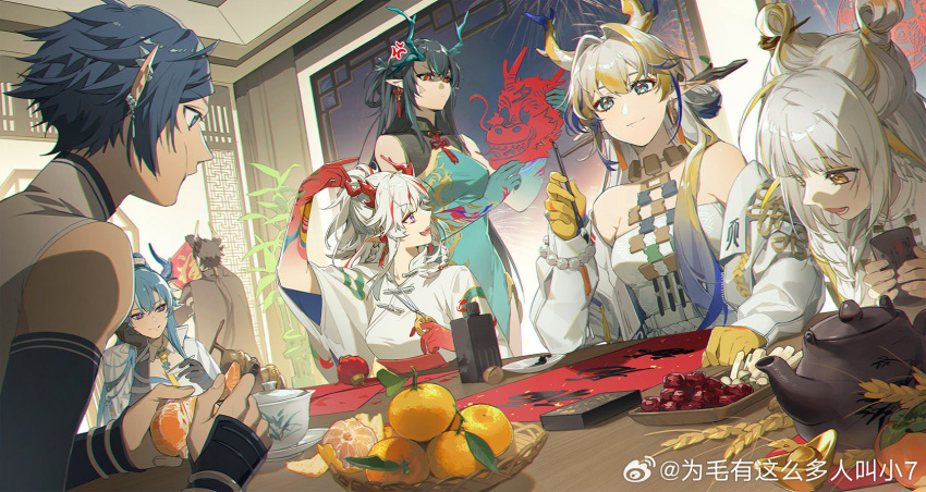 2boys 5girls anger_vein angry aqua_dress aqua_eyes aqua_horns aqua_skin arknights armor bare_shoulders beads belt blonde_hair blue_eyes blue_hair blue_horns brown_hair brown_robe calligraphy_brush character_request chewing china_dress chinese_clothes chinese_commentary chong_yue_(arknights) closed_mouth colored_skin commentary_request dragon_girl dragon_horns dress dusk_(arknights) earrings eating fingernails food fruit grey_hair grey_horns hair_intakes high_collar highres holding holding_calligraphy_brush holding_paintbrush holding_scissors horns indoors jacket jewelry lattice leaning_forward ling_(arknights) long_hair long_sleeves looking_at_object looking_down looking_to_the_side mandarin_orange multicolored_hair multiple_boys multiple_girls necklace nian_(arknights) off_shoulder open_clothes open_jacket open_mouth orange_(fruit) paintbrush plant pointy_ears profile purple_eyes qianjingya red_eyes red_hair red_horns red_skin robe saucer scissors short_hair shu_(arknights) smile standing strapless streaked_hair table teapot tube_top watermark weibo_logo wheat white_belt white_dress white_hair white_jacket white_tube_top wide_sleeves yellow_horns yellow_skin zuo_le_(arknights)