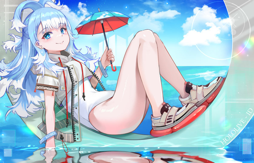 1girl absurdres adapted_costume bare_legs blue_eyes blue_hair blue_sky blush breasts closed_mouth cloud colored_tips cropped_hoodie day earrings highres holding holding_umbrella hololive hood hoodie jacket jewelry kobo_kanaeru long_hair looking_at_viewer multicolored_hair one-piece_swimsuit reflection see-through see-through_jacket shoes sitting sky smile solo swimsuit thighs two-tone_hair umbrella virtual_youtuber water white_hair white_one-piece_swimsuit wristband yoshikawa_hiro