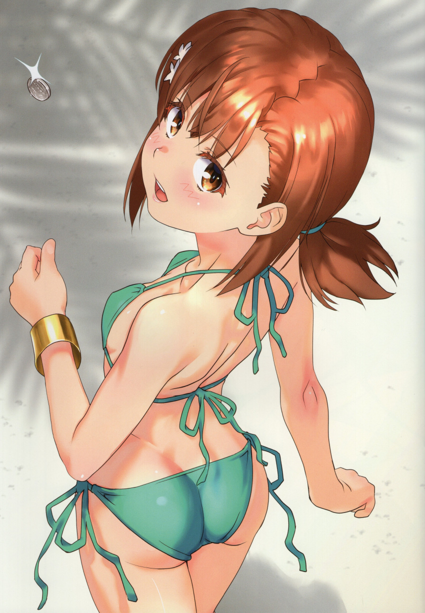 1girl absurdres ass bare_shoulders bikini blush bow bowtie bracelet breasts brown_eyes brown_hair coin hair_ornament highres jewelry looking_at_viewer looking_back low_ponytail medium_hair misaka_mikoto open_mouth ponytail raika9 scan shadow shell shiny_skin side-tie_bikini_bottom small_breasts swimsuit teeth thighs toaru_kagaku_no_railgun toaru_majutsu_no_index upper_teeth_only