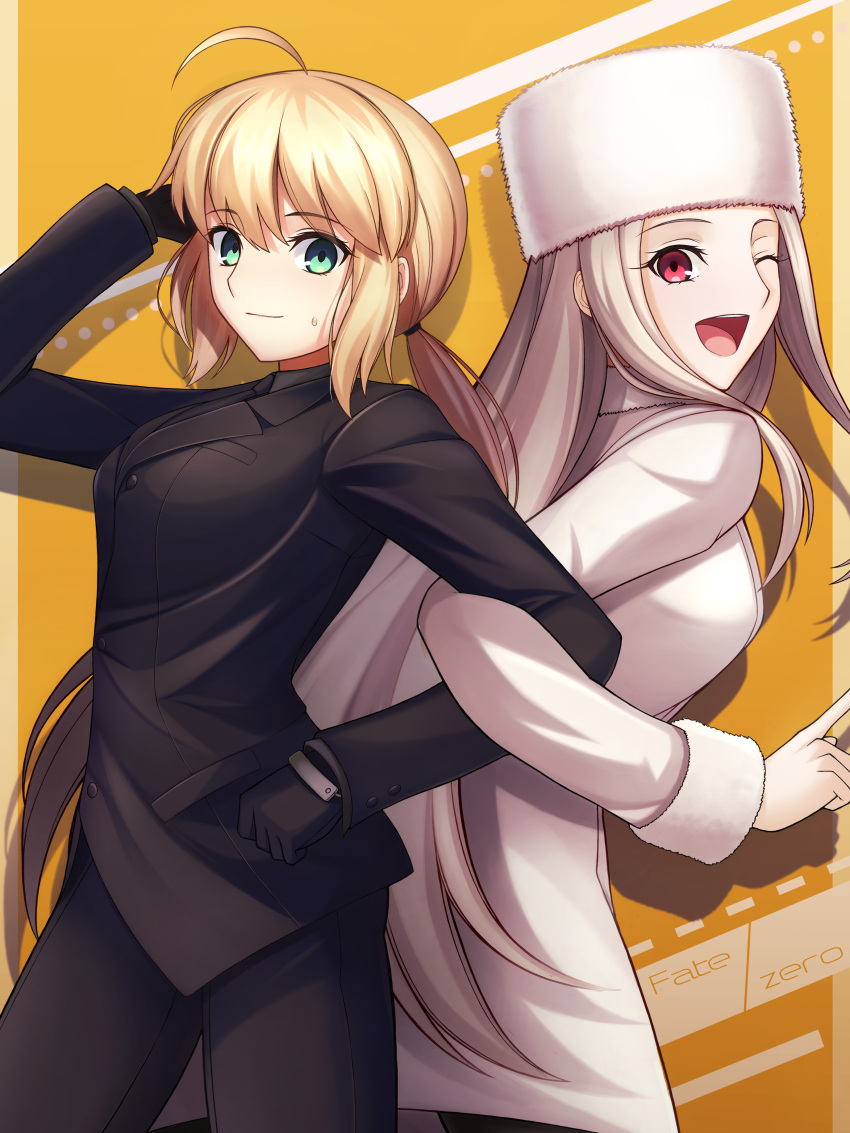 2girls ;d absurdres aqua_eyes artoria_pendragon_(fate) back-to-back black_gloves black_jacket black_necktie black_pants blonde_hair closed_mouth coat fate/grand_order fate/zero fate_(series) gloves grey_hair hat highres hisato_nago irisviel_von_einzbern jacket locked_arms long_hair long_sleeves looking_at_viewer multiple_girls necktie one_eye_closed open_mouth pant_suit pants ponytail red_eyes saber_(fate) smile straight_hair suit sweatdrop very_long_hair white_coat yellow_background