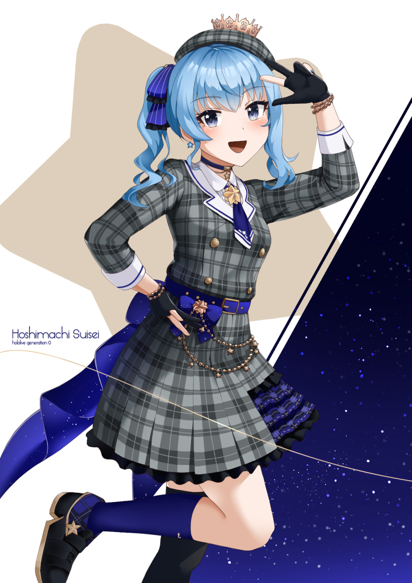 1girl blue_hair blue_ribbon breasts hand_on_own_hip highres hololive hoshimachi_suisei koizumike medium_hair open_mouth ribbon sky small_breasts star_(sky) starry_sky v