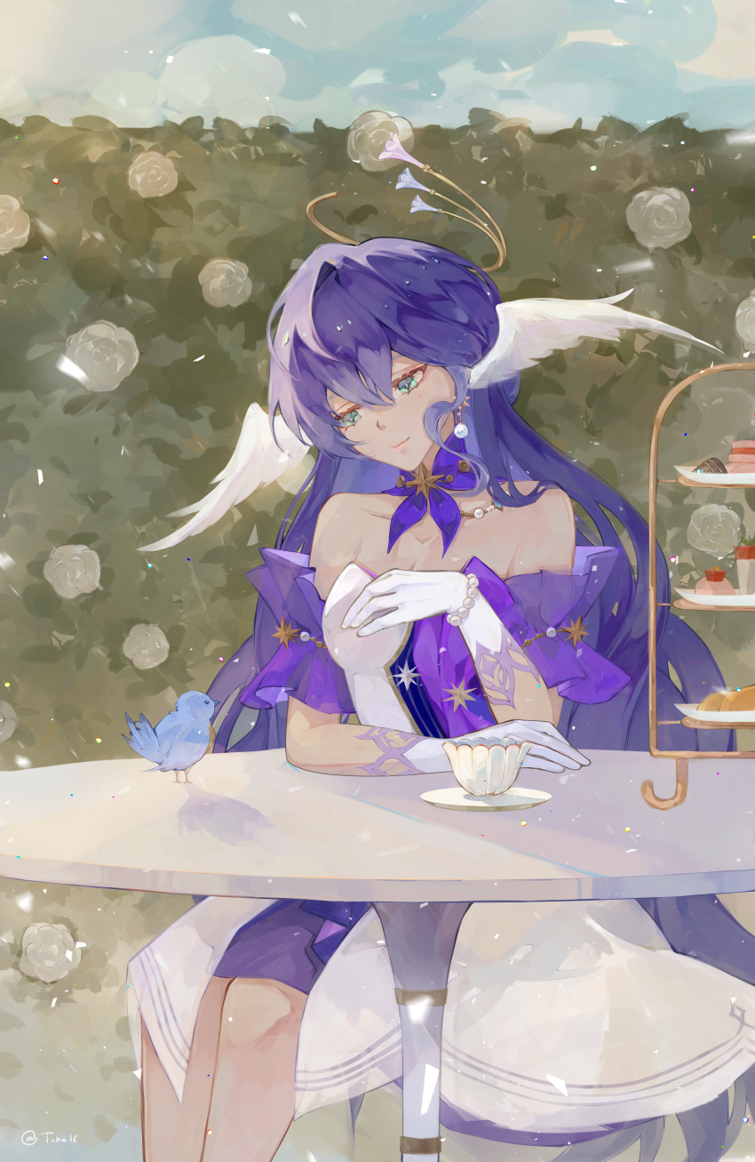 1girl absurdres bare_shoulders bead_bracelet beads bird bracelet choker commentary cup detached_sleeves dress feet_out_of_frame gloves green_eyes head_tilt head_wings highres honkai:_star_rail honkai_(series) jewelry long_hair purple_choker purple_hair robin_(honkai:_star_rail) short_sleeves sitting smile solo strapless strapless_dress table teacup tiered_tray tuha16 very_long_hair white_dress white_gloves wings