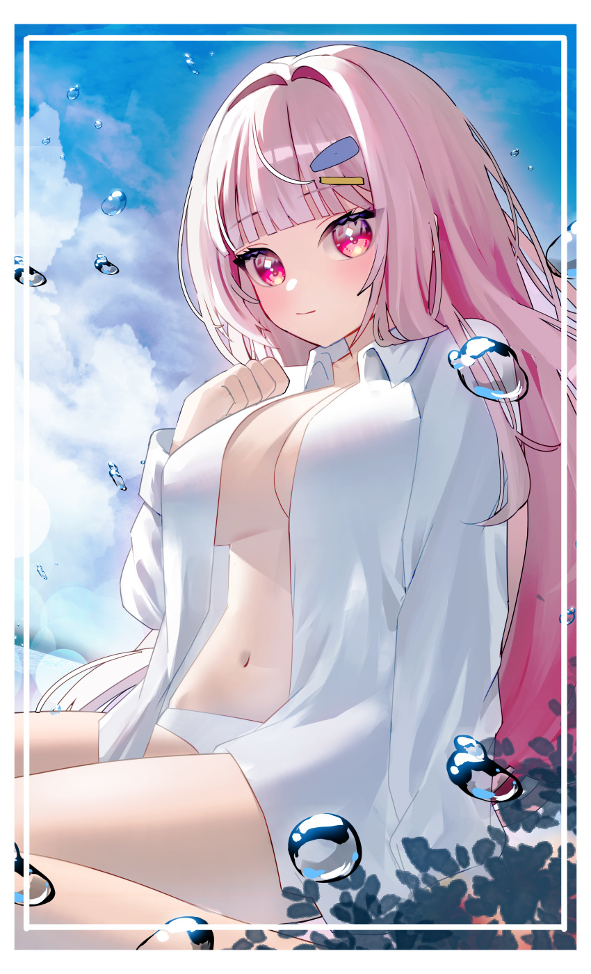 1girl absurdres blue_sky blunt_bangs blush border breasts closed_mouth cloud cloudy_sky collared_shirt day hair_intakes hair_ornament hairclip hand_on_own_chest highres indie_virtual_youtuber large_breasts long_hair maio05321 navel no_bra open_clothes open_shirt panties pink_eyes pink_hair shir_(vtuber) shirt sitting sky smile solo stomach thighs underwear virtual_youtuber water_drop white_border white_panties white_shirt