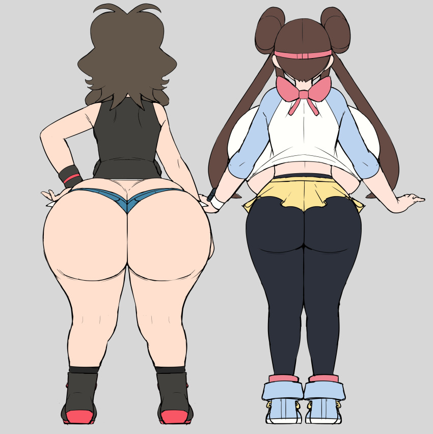 2girls absurdres ass ass_focus backboob breasts brown_hair crop_top curvy from_behind greyimpaction hair_bun highres hilda_(pokemon) huge_ass huge_breasts multiple_girls pokemon pokemon_bw pokemon_bw2 rosa_(pokemon) short_shorts shorts thick_thighs thighs underboob wide_hips