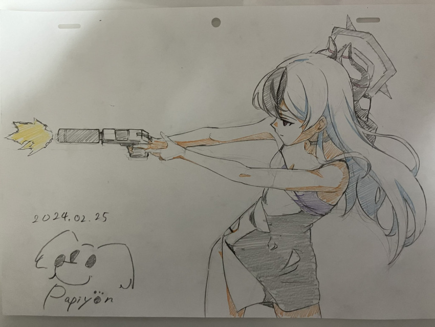 1girl bare_shoulders black_hair blue_archive breasts choker colored_pencil_(medium) cowboy_shot dress expressionless firing gun h&amp;k_p30 halo handgun highres holding holding_gun holding_weapon horns kayoko_(blue_archive) kayoko_(dress)_(blue_archive) long_hair multicolored_hair muzzle_flash papiyon1297 photo_(medium) profile sketch small_breasts solo suppressor traditional_media two-tone_hair weapon white_hair