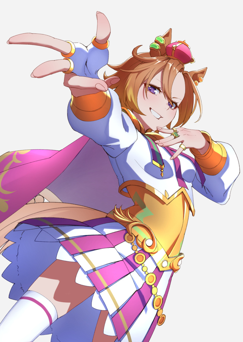 1girl absurdres animal_ears belly_chain belt brown_hair cape colored_skin cowboy_shot cropped_jacket crown danboru_(jdanboru1182) ear_piercing fingerless_gloves foreshortening from_below gloves hand_on_own_chest highres horse_ears horse_girl horse_tail jacket jewelry legs long_sleeves looking_at_viewer mini_crown miniskirt multicolored_skin multiple_rings open_mouth piercing pink_cape pink_sky pleated_skirt purple_eyes reaching reaching_towards_viewer ring shirt short_hair simple_background skirt sky smile socks solo standing t.m._opera_o_(umamusume) tail textless_version thighhighs two-tone_skin two-tone_skirt umamusume white_gloves white_jacket white_skirt white_socks white_thighhighs yellow_belt yellow_shirt