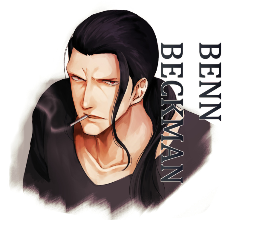 1boy benn_beckman black_hair black_shirt character_name cigarette collarbone commentary_request kafuyutns long_hair looking_at_viewer low_ponytail male_focus mouth_hold one_piece open_mouth ponytail shirt smoke solo