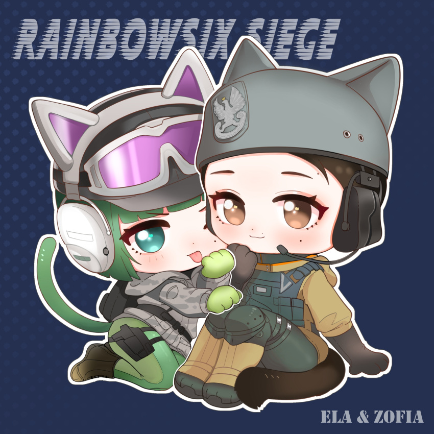 2girls absurdres animal_hands arknights baseball_cap black_gloves blue_background blue_eyes blush boots brown_eyes brown_footwear brown_hair brown_jacket camouflage camouflage_jacket cat_tail character_name chibi closed_mouth copyright_name ear_protection ela_(rainbow_six_siege) elbow_gloves gloves goggles goggles_on_headwear green_gloves green_hair green_pantyhose grey_hat grey_jacket hairtail hat headset helmet highres hood hood_down hooded_jacket jacket knee_pads knees_up looking_at_viewer multiple_girls outline pantyhose paw_gloves polka_dot polka_dot_background rainbow_six_siege simple_background sitting smile swept_bangs tail tongue tongue_out white_outline zofia_(rainbow_six_siege)