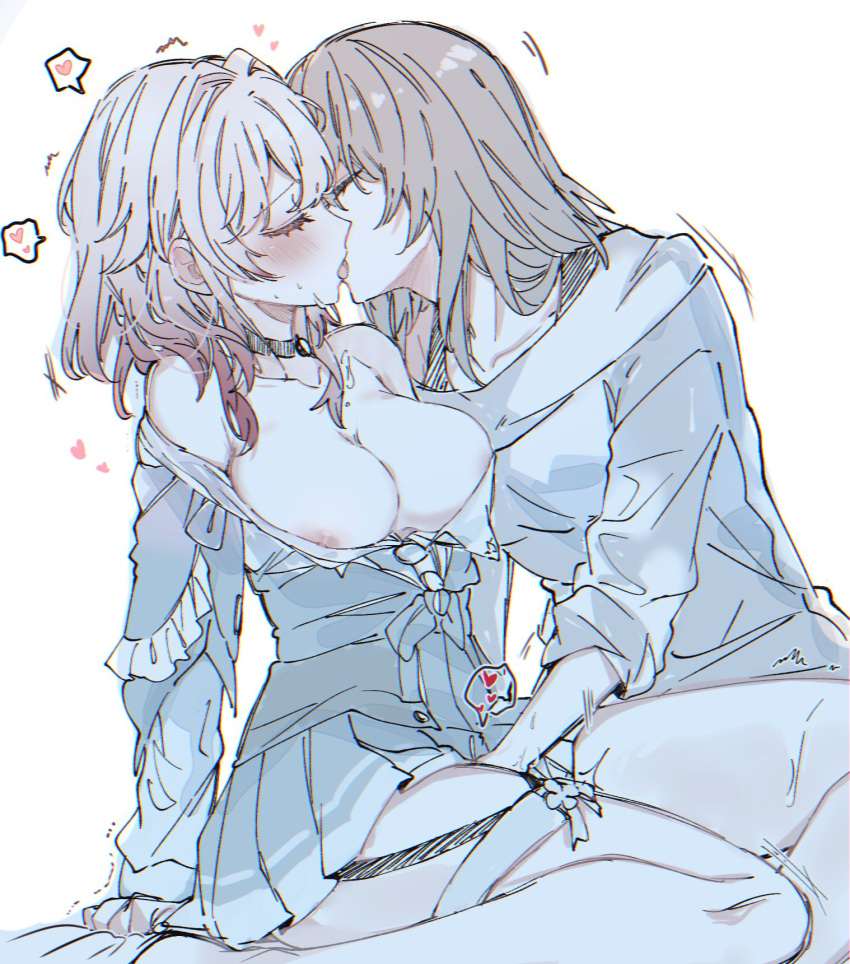 2girls black_choker blue_skirt blush breasts brown_hair choker cleavage closed_eyes commentary fingering french_kiss hana_kon_(17aaammm) highres honkai:_star_rail honkai_(series) kiss large_breasts march_7th_(honkai:_star_rail) medium_hair multiple_girls nipples off_shoulder open_mouth pink_hair skirt stelle_(honkai:_star_rail) sweat trailblazer_(honkai:_star_rail) white_background yuri