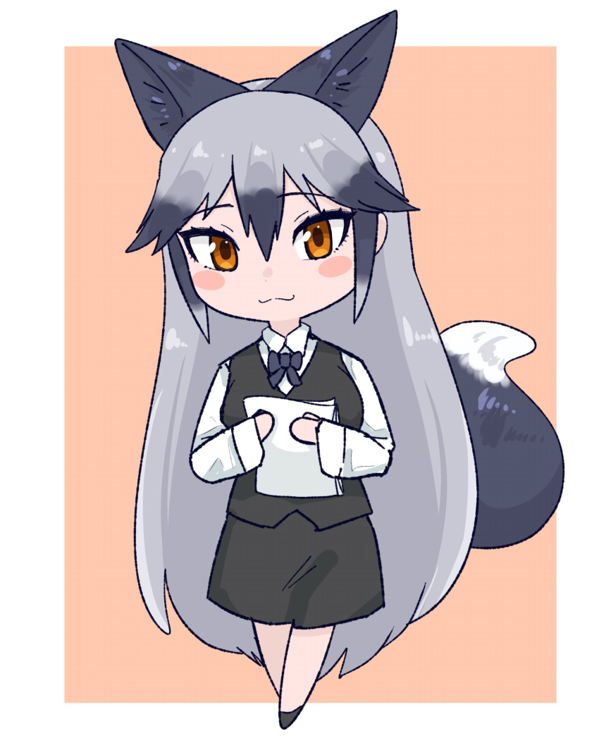 1girl :3 alternate_costume animal_ears aramaru blue_bow blue_bowtie blush bow bowtie chibi collared_shirt extra_ears fox_ears fox_girl fox_tail full_body grey_hair grey_skirt grey_vest hair_between_eyes highres kemono_friends long_hair long_sleeves multicolored_hair office_lady orange_eyes paper pencil_skirt shirt sidelocks silver_fox_(kemono_friends) skirt solo tail vest white_shirt