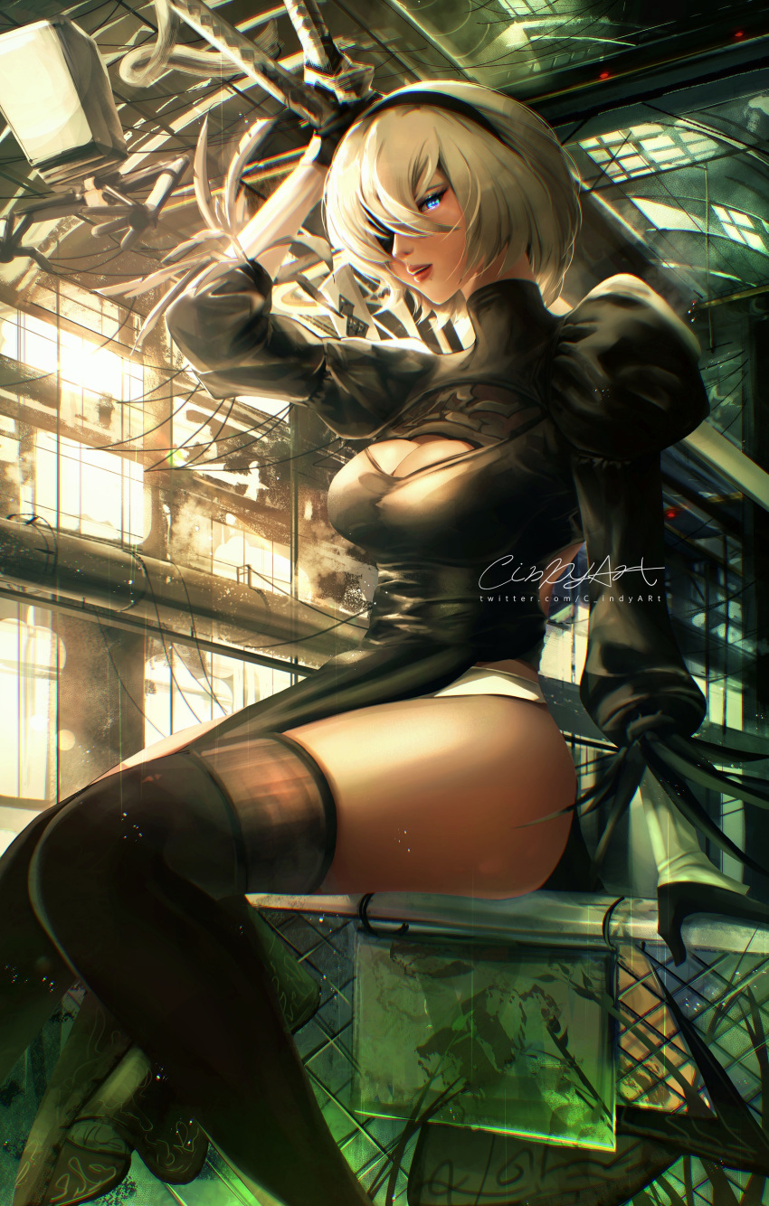 1girl 2b_(nier:automata) absurdres black_dress black_hairband black_thighhighs boots cindy_(cindyart) clothing_cutout dress factory feather-trimmed_sleeves hair_between_eyes hairband highres juliet_sleeves leotard lips long_sleeves looking_at_viewer mole mole_under_mouth nier:automata nier_(series) no_blindfold pod_(nier:automata) puffy_sleeves short_hair signature sitting solo thighhighs thighhighs_under_boots virtuous_contract web_address white_hair white_leotard