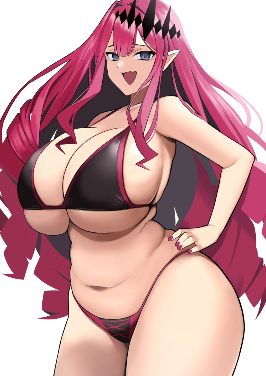 1girl alternate_breast_size baobhan_sith_(fate) baobhan_sith_(second_ascension)_(fate) bare_shoulders bikini black_bikini bracelet breasts commentary_request commission curvy fang fate/grand_order fate_(series) grey_eyes hand_on_own_hip highres huge_breasts imuzi indoors jewelry large_breasts lights long_hair looking_at_viewer melting nail_polish naughty_face navel open_mouth panties pink_hair plump pointy_ears red_nails revealing_clothes sidelocks skeb_commission skin_fang smile solo spiked_bracelet spikes swimsuit thick_thighs thigh_strap thighs tiara underboob underwear white_background