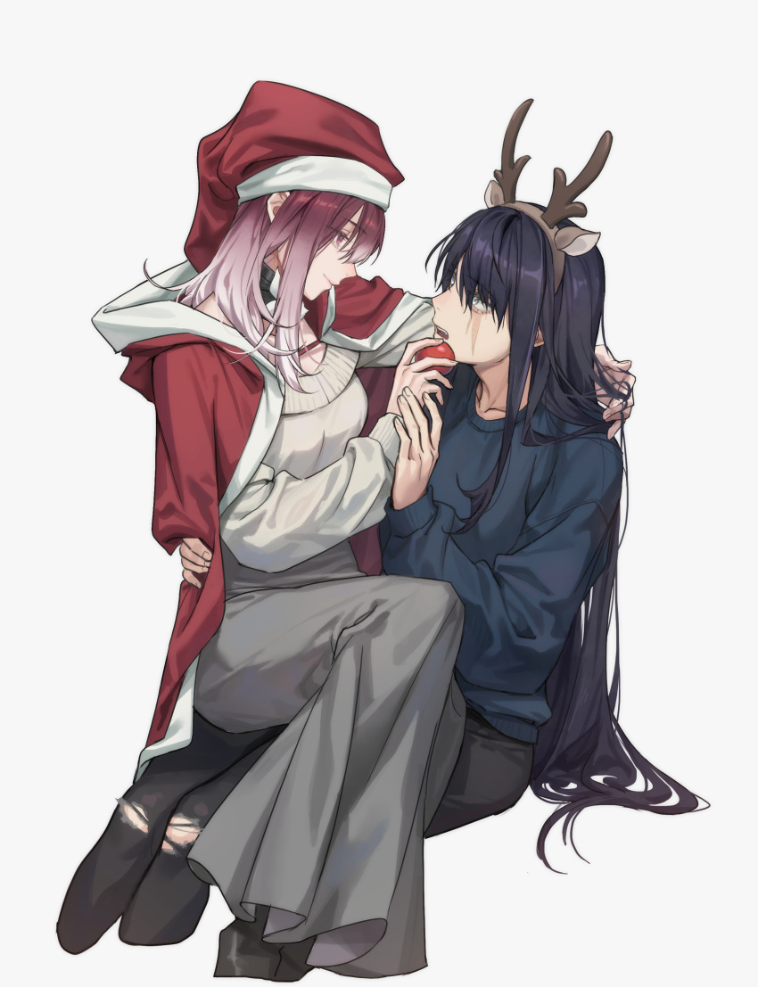 2girls absurdres antlers apple black_hair black_pants cape christmas commentary food fruit gradient_hair grey_background grey_skirt hand_in_another's_hair hand_on_another's_waist hand_on_another's_wrist hat highres holding holding_food horns long_hair long_sleeves looking_at_another multicolored_hair multiple_girls open_mouth pants path_to_nowhere rahu_(path_to_nowhere) red_cape red_eyes red_hair red_hat reindeer_antlers rekari_(rekari628) santa_hat scar scar_across_eye shalom_(path_to_nowhere) simple_background sitting sitting_on_lap sitting_on_person skirt sweater torn_clothes torn_pants white_hair white_sweater yuri