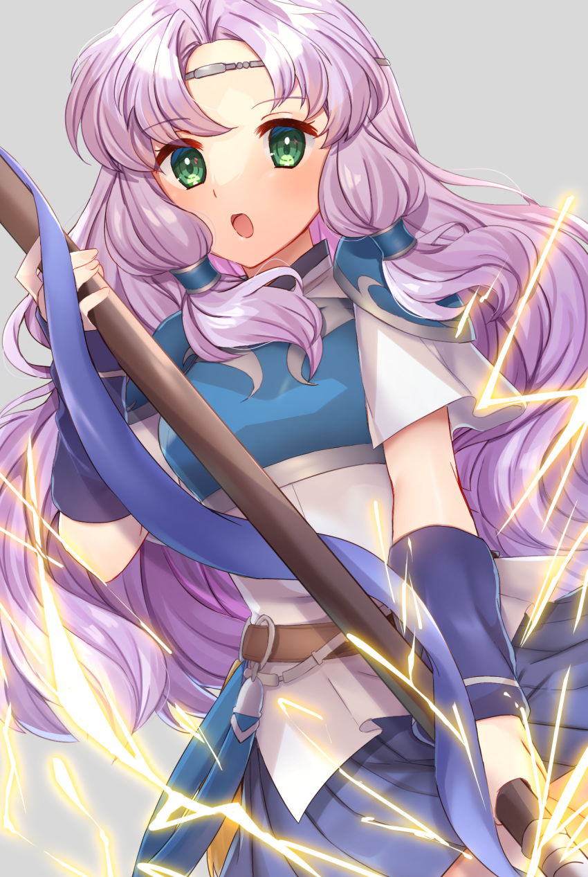 1girl :o armor blue_skirt breastplate circlet edamameoka fire_emblem fire_emblem:_the_blazing_blade floating_hair florina_(fire_emblem) green_eyes grey_background hair_intakes hair_tubes highres holding holding_polearm holding_weapon long_hair looking_at_viewer miniskirt open_mouth pleated_skirt polearm purple_hair shirt shoulder_armor skirt solo very_long_hair weapon white_shirt