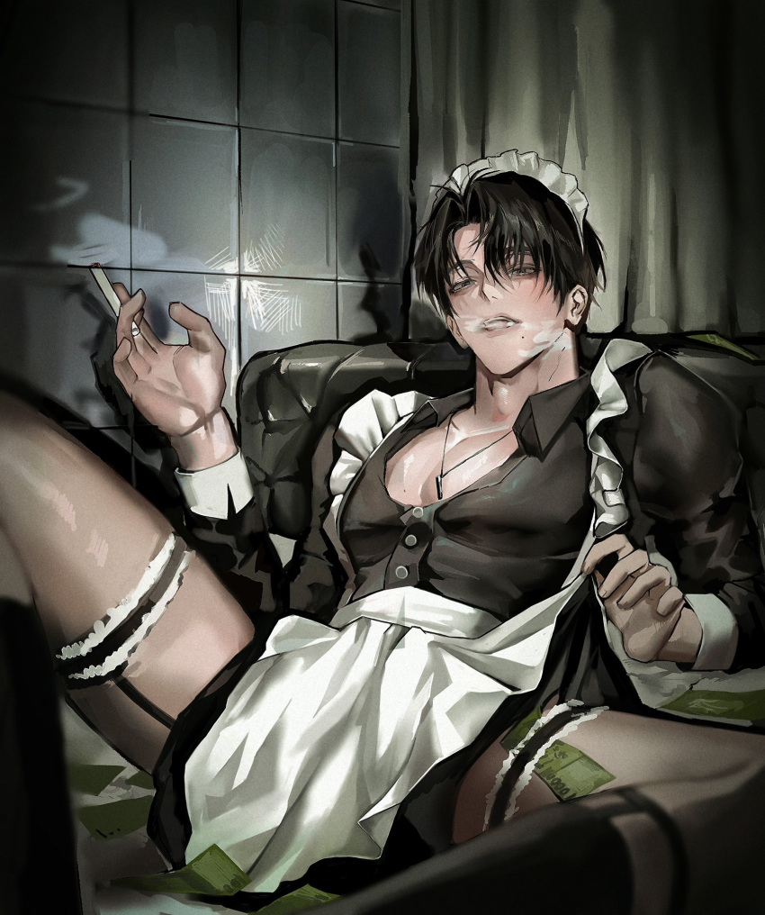 1boy apron banknote black_eyes black_hair black_socks character_request cigarette collared_shirt copyright_request crossdressing curtains garter_straps hand_up highres holding holding_cigarette jewelry kneehighs koos_(sook) leaning_back light_blush looking_at_viewer looking_down maid maid_apron maid_headdress male_focus male_maid mole mole_under_mouth money necklace parted_bangs parted_lips pectoral_cleavage pectorals shirt short_hair sitting smoke smoking socks solo spread_legs teeth thigh_strap tile_wall tiles tucked_money upper_body upper_teeth_only