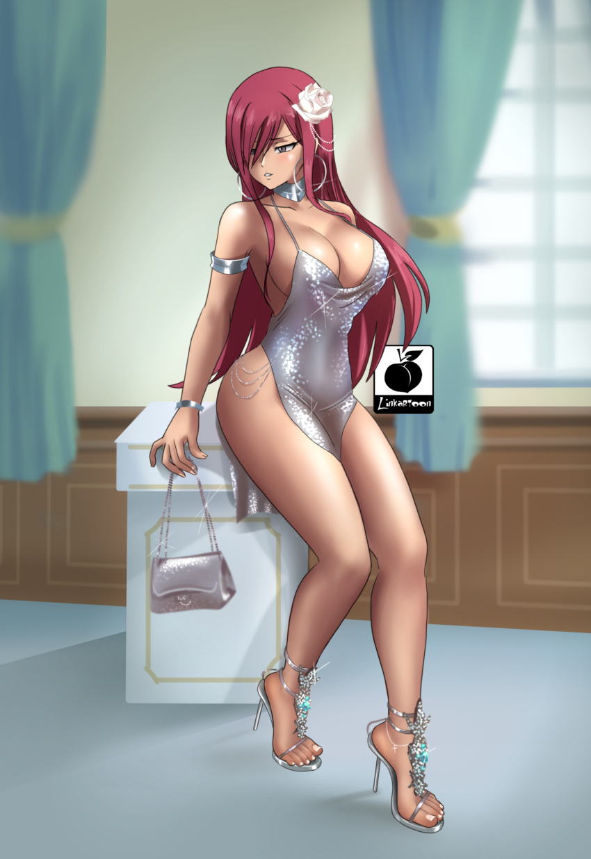 absurdres armlet bag bracelet breasts brown_eyes cleavage erza_scarlet fairy_tail flower glitter_dress hair_flower hair_ornament hair_over_one_eye handbag high_heels highres holding holding_bag jewelry large_breasts linkartoon long_hair red_hair revealing_clothes