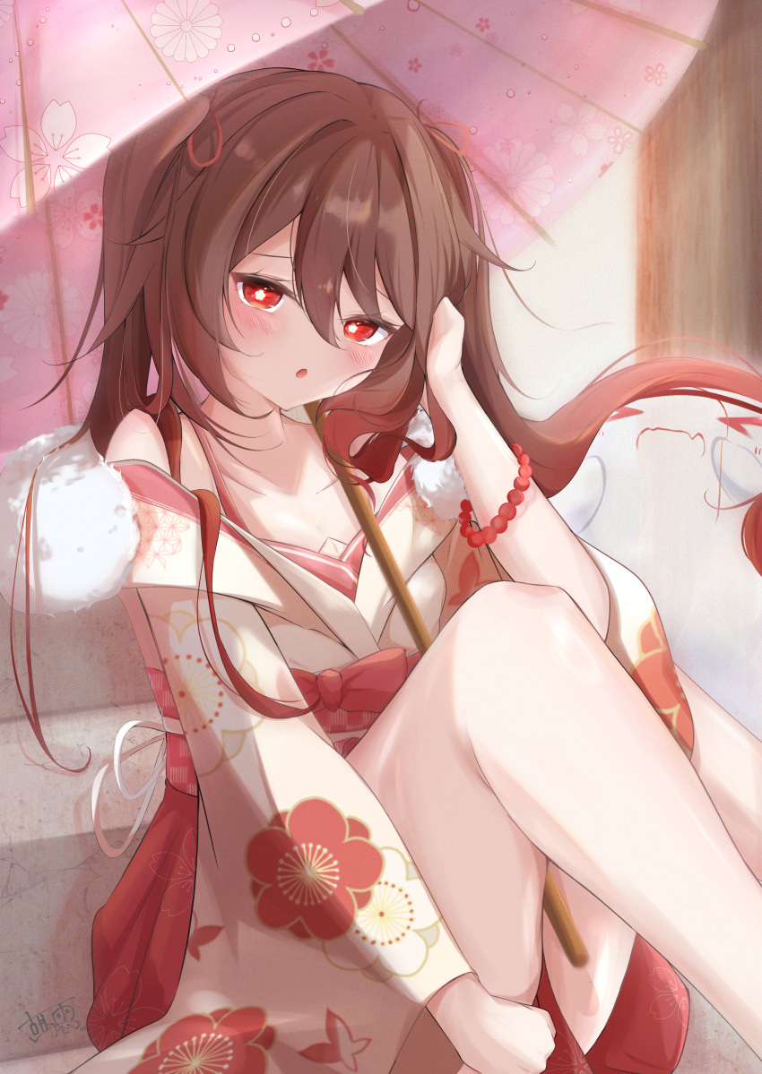 1girl absurdres armlet bare_legs bare_shoulders blush boo_tao_(genshin_impact) bow bracelet breasts brown_hair embarrassed floral_print flower-shaped_pupils genshin_impact hand_in_own_hair highres hu_tao_(genshin_impact) japanese_clothes jewelry kimono knee_up kosame_no_yui long_hair looking_at_viewer open_clothes open_kimono open_mouth pink_kimono red_bow red_bracelet red_eyes sitting small_breasts solo symbol-shaped_pupils thighs umbrella yukata