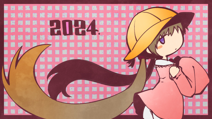 2024 border brown_hair chibi commentary_request detached_sleeves dress floating_hair from_side grid_background hands_up hat highres jitome kuron_(uhhr2odhrppc5nw) long_hair long_sleeves looking_at_viewer looking_to_the_side low_twintails outside_border pink_background pink_dress pink_sleeves purple_eyes red_border school_hat short_dress single_blush_sticker sleeves_past_fingers sleeves_past_wrists tsukuyomi_ai twintails very_long_hair voiceroid